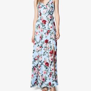 Fame and partners maxi dress blue floral true wrap style size 8